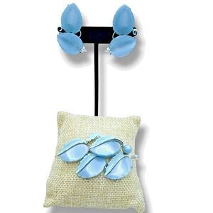 Lisner Thermoset Brooch & Earrings Set Blue Lucite and Enamel Leaf Pin Clip on